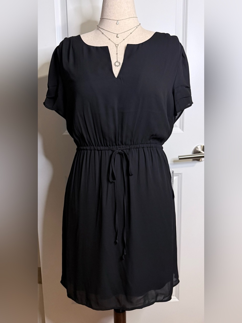 NWT DR2 Daniel Rainn Little Black Dress M Flutter Sleeve Drawstring Midi AtKnee